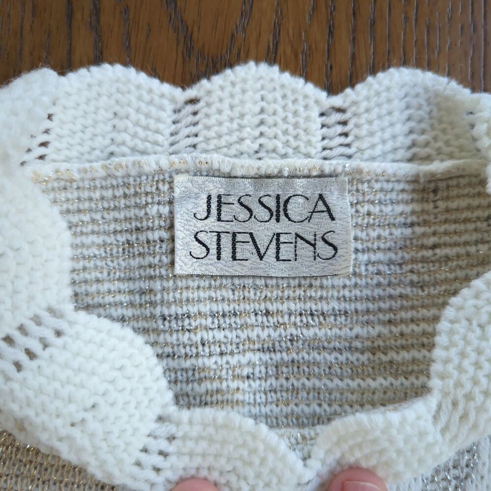 Vintage Jessica Stevens Knit Sweater Womens M Beige Ivory Metallic Leaves - Picture 6 of 14